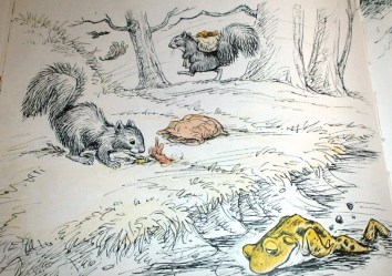 The squirrel twins dash about - storing nuts.